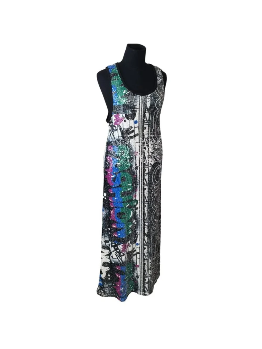 Kimberly Goldson $698 Dress Sequin Black White Brooklyn Graffiti Print Maxi - Picture 3 of 16